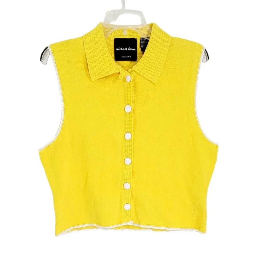 Michael Simon Womens Yellow Button Front Sweater Knit Vest Collared Size‎ L